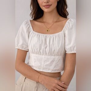 Classic White Puff-Sleeve Smocked Crop Top - Women